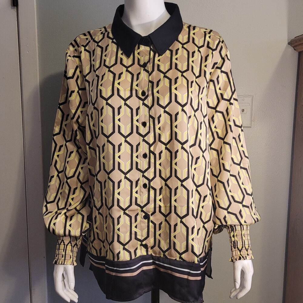 NWT NY & Co XXL Gold Black Geometric Blouse Balloon Poet Sleeve Silky Art Deco
